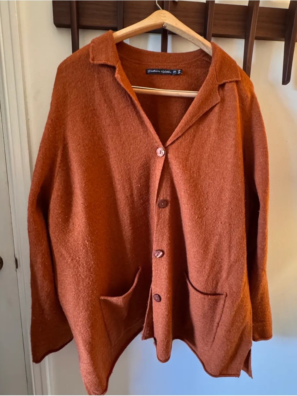 Gudrun Sjoden Organic Wool Cardigan Sweater in Rust Brown
